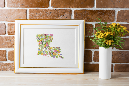 Louisiana Wildflowers, Louisiana Map, Floral Louisiana Art Print, Nature Wall Decor, Botanical Poster, Gift for Nature Lovers, Home Decor